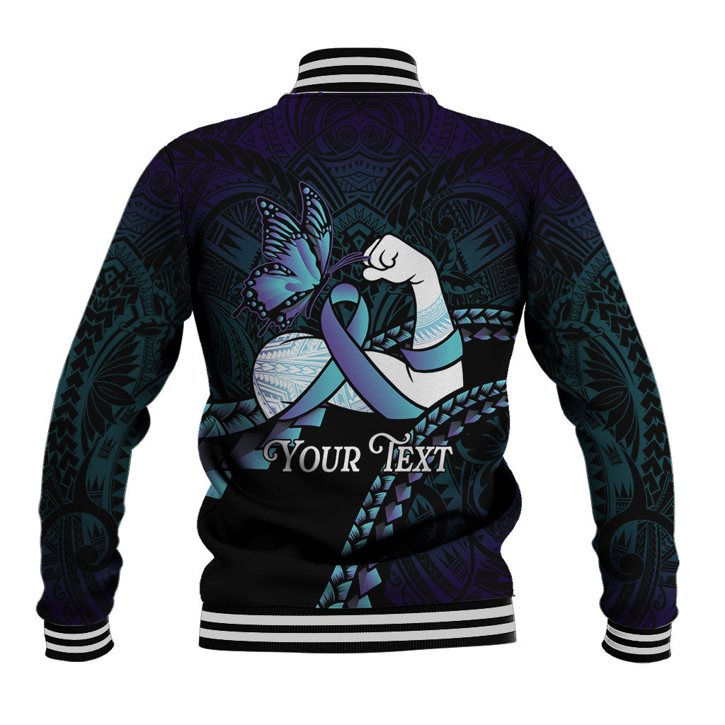 Personalised Polynesia Suicide Prevention Month Baseball Jacket Brave Strong Butterfly Teal Purple Ribbon