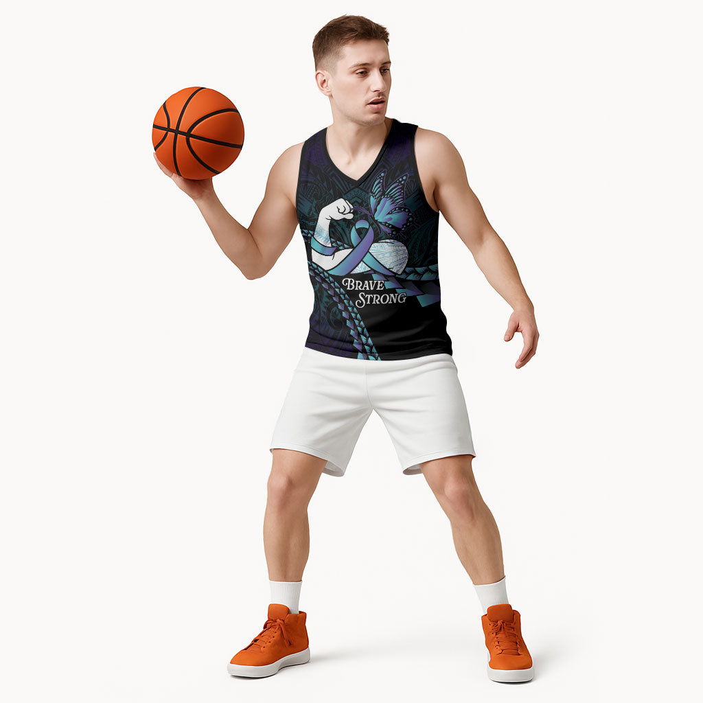 Personalised Polynesia Suicide Prevention Month Basketball Jersey Brave Strong Butterfly Teal Purple Ribbon