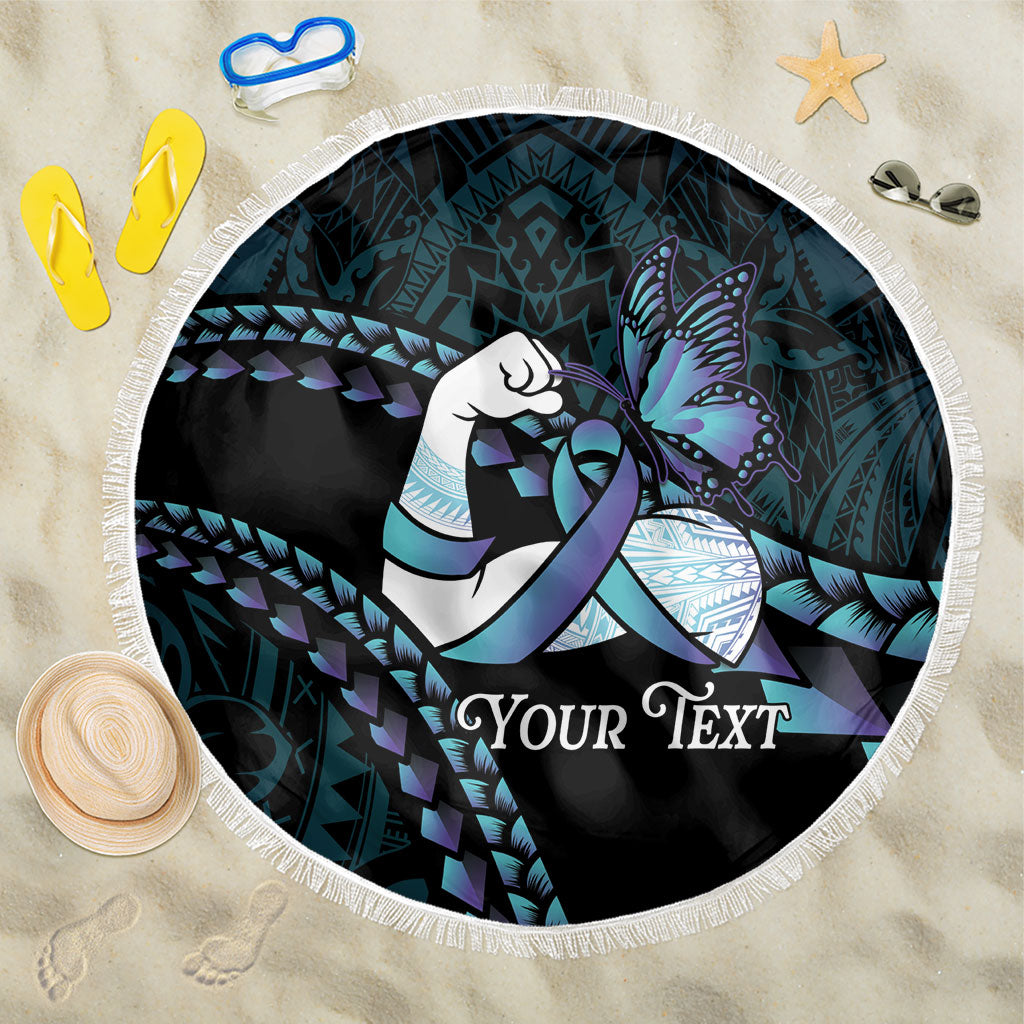 Personalised Polynesia Suicide Prevention Month Beach Blanket Brave Strong Butterfly Teal Purple Ribbon