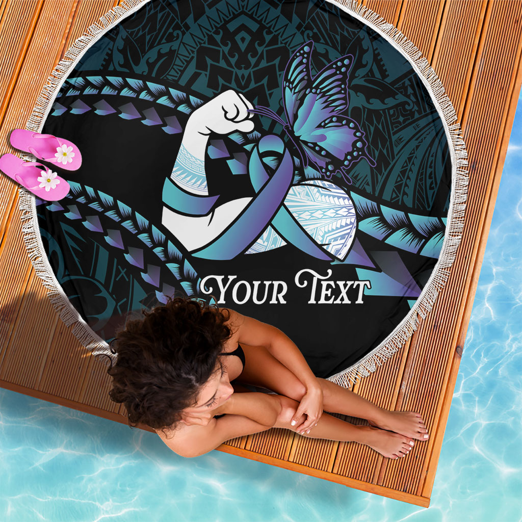 Personalised Polynesia Suicide Prevention Month Beach Blanket Brave Strong Butterfly Teal Purple Ribbon