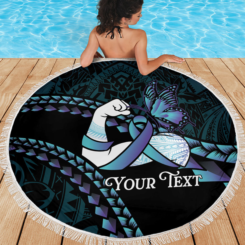 Personalised Polynesia Suicide Prevention Month Beach Blanket Brave Strong Butterfly Teal Purple Ribbon