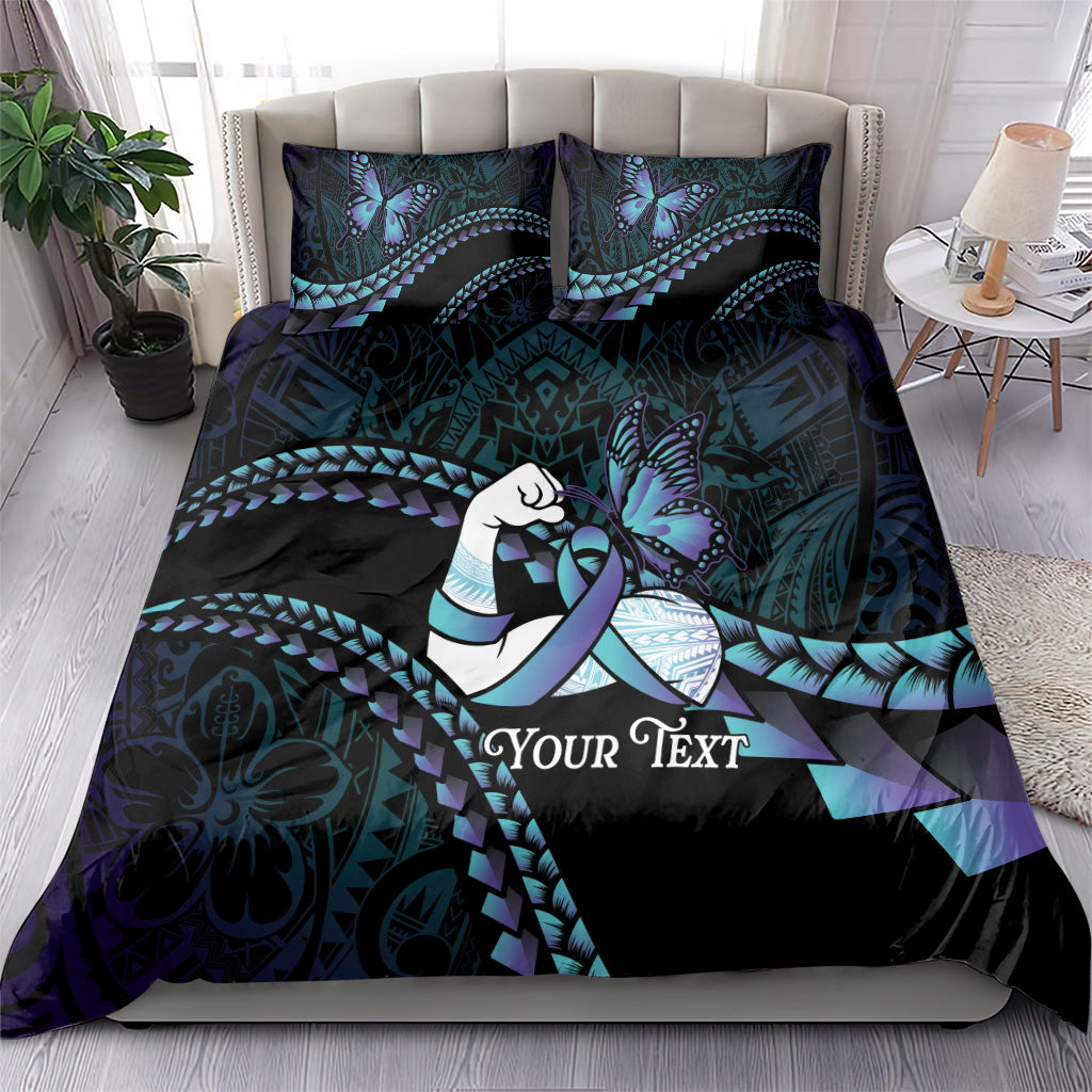 Personalised Polynesia Suicide Prevention Month Bedding Set Brave Strong Butterfly Teal Purple Ribbon