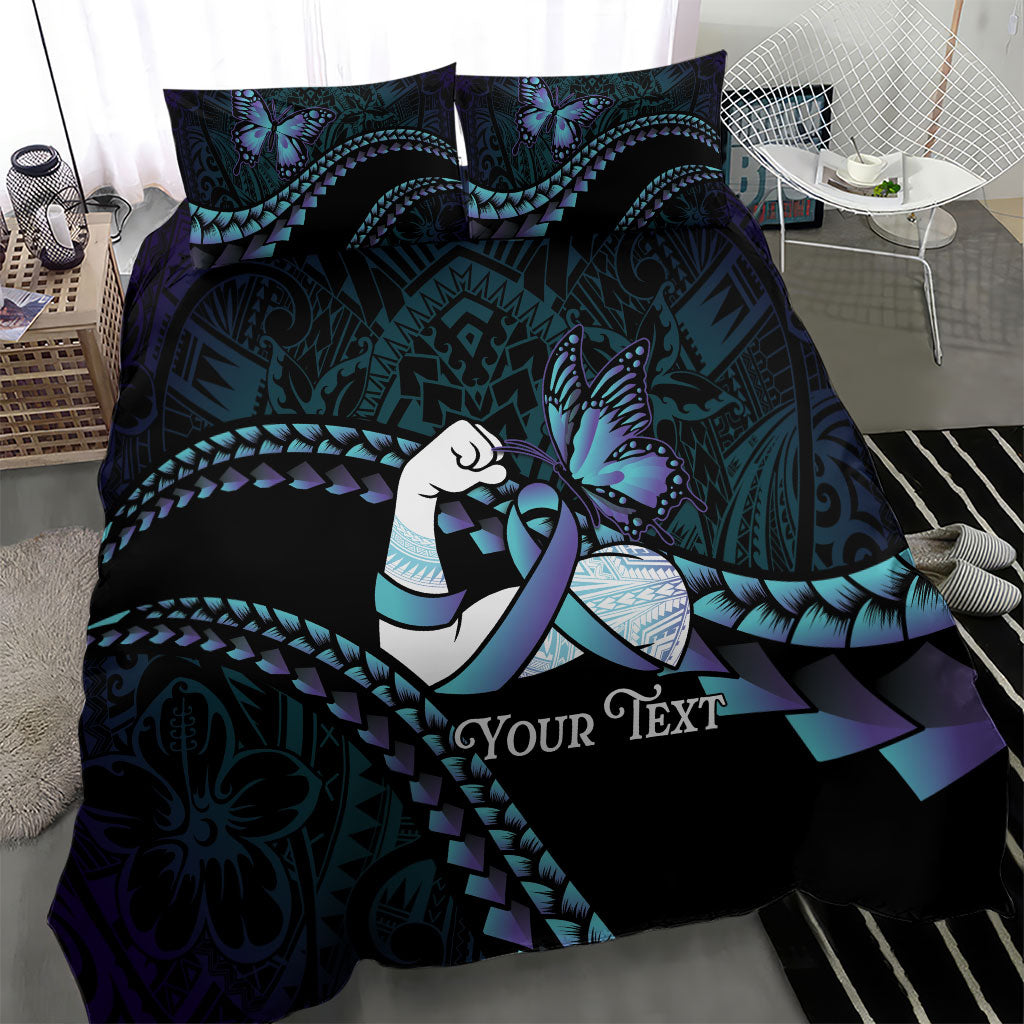 Personalised Polynesia Suicide Prevention Month Bedding Set Brave Strong Butterfly Teal Purple Ribbon