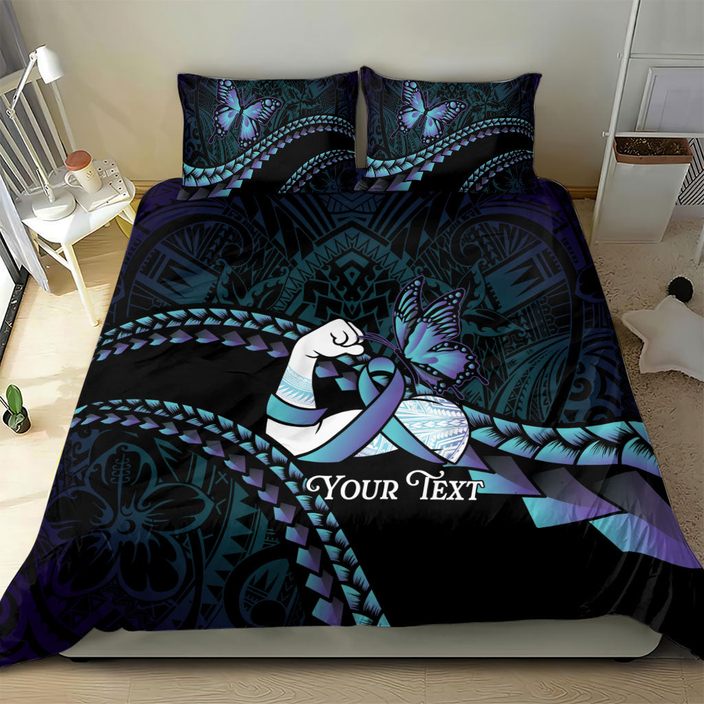 Personalised Polynesia Suicide Prevention Month Bedding Set Brave Strong Butterfly Teal Purple Ribbon