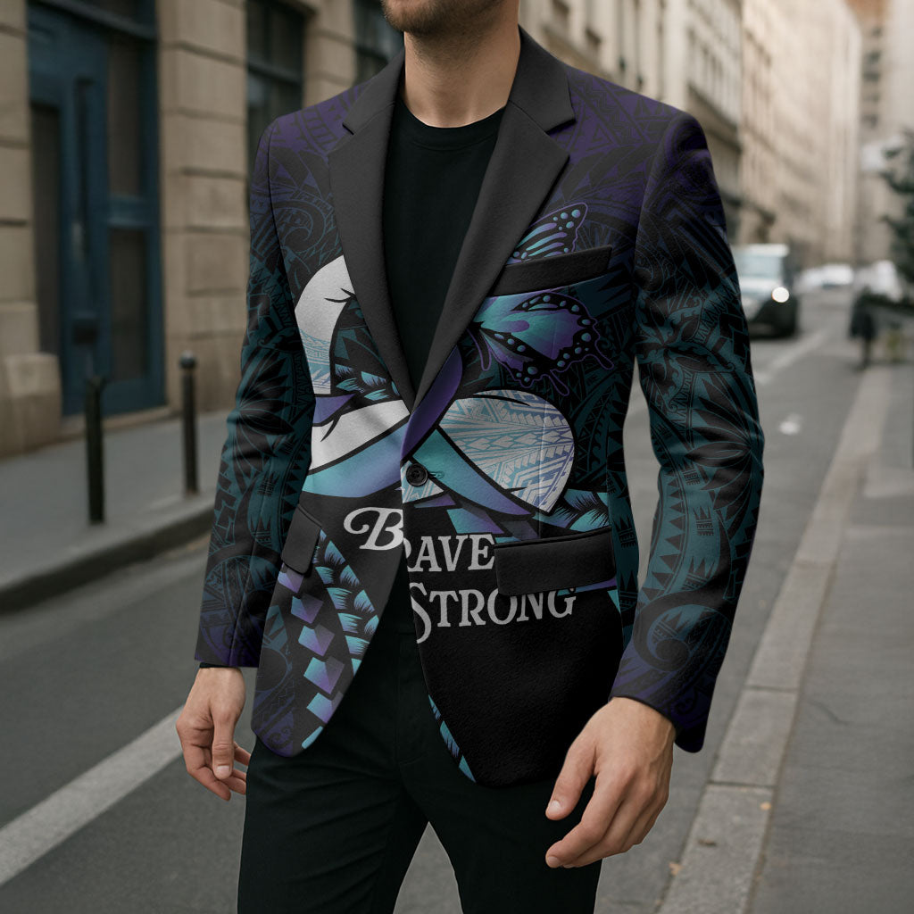 Personalised Polynesia Suicide Prevention Month Blazer Brave Strong Butterfly Teal Purple Ribbon