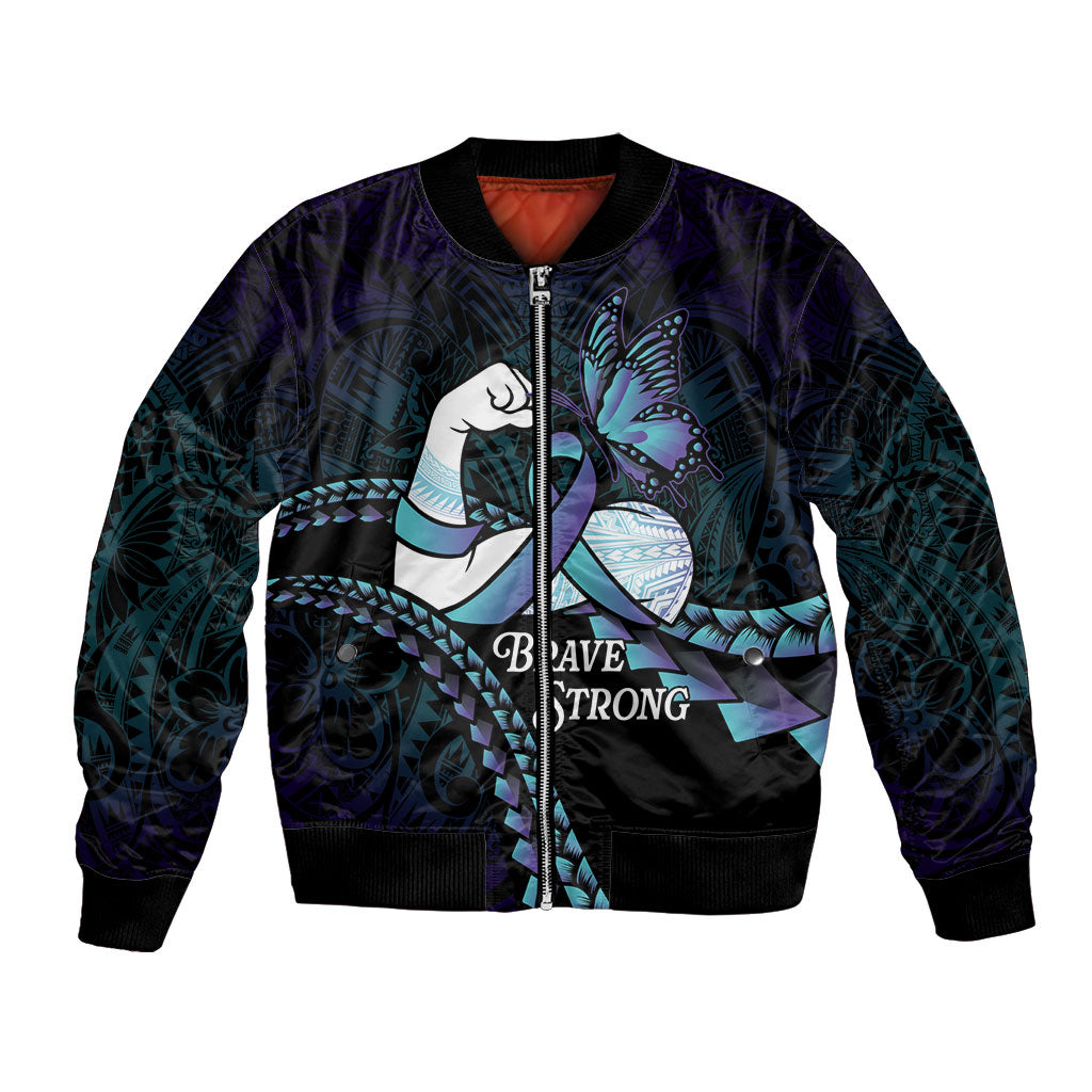Personalised Polynesia Suicide Prevention Month Bomber Jacket Brave Strong Butterfly Teal Purple Ribbon