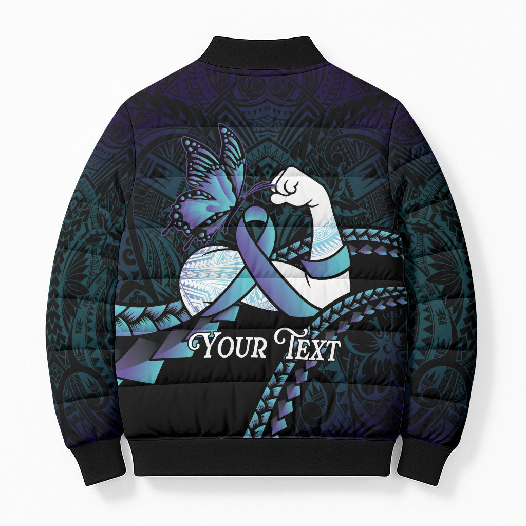 Personalised Polynesia Suicide Prevention Month Bomber Puffer Jacket Brave Strong Butterfly Teal Purple Ribbon