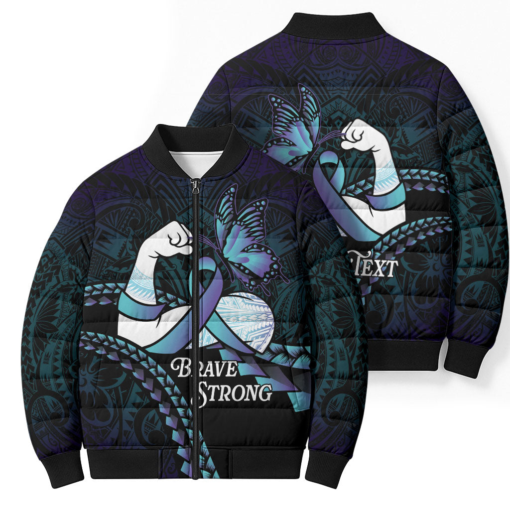 Personalised Polynesia Suicide Prevention Month Bomber Puffer Jacket Brave Strong Butterfly Teal Purple Ribbon