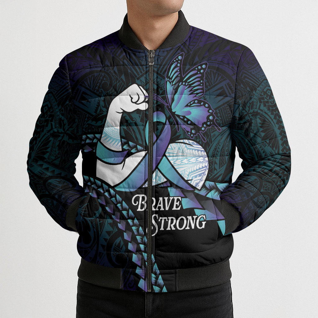 Personalised Polynesia Suicide Prevention Month Bomber Puffer Jacket Brave Strong Butterfly Teal Purple Ribbon