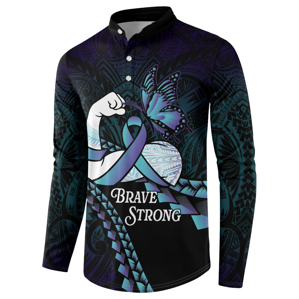 Personalised Polynesia Suicide Prevention Month Button Sweatshirt Brave Strong Butterfly Teal Purple Ribbon