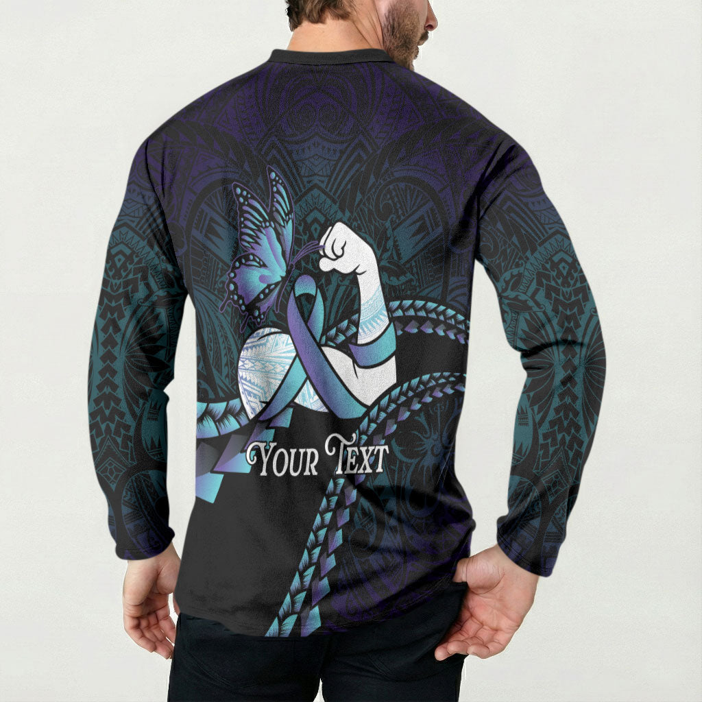 Personalised Polynesia Suicide Prevention Month Button Sweatshirt Brave Strong Butterfly Teal Purple Ribbon