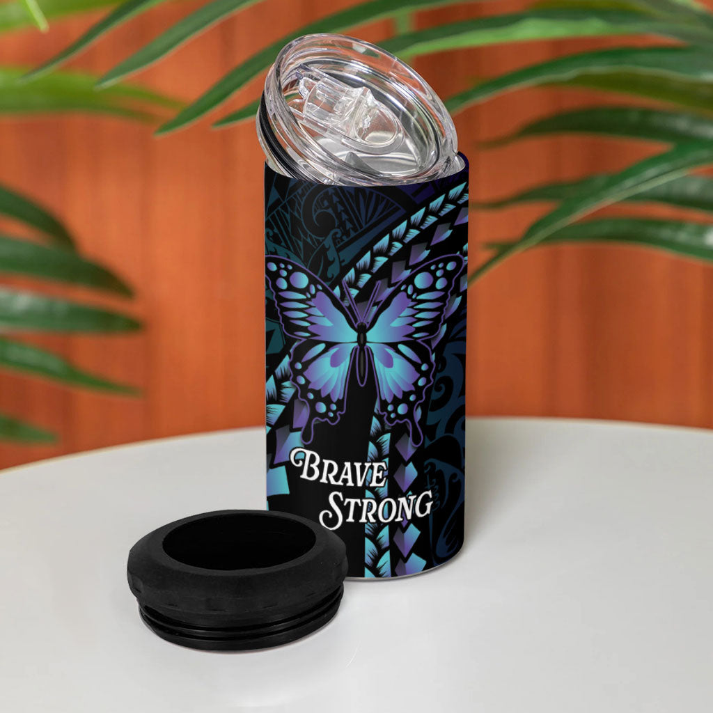 Personalised Polynesia Suicide Prevention Month 4 in 1 Can Cooler Tumbler Brave Strong Butterfly Teal Purple Ribbon