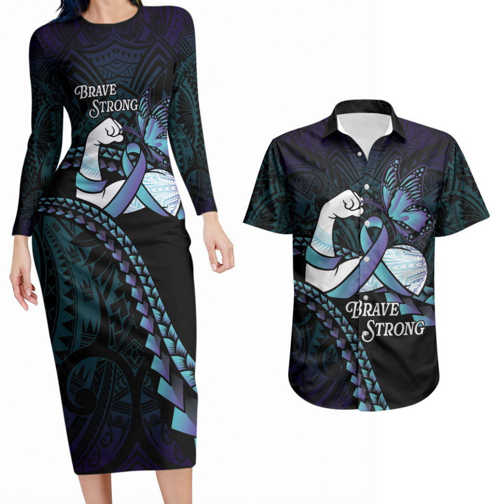 Personalised Polynesia Suicide Prevention Month Couples Matching Long Sleeve Bodycon Dress and Hawaiian Shirt Brave Strong Butterfly Teal Purple Ribbon