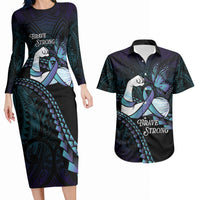 Personalised Polynesia Suicide Prevention Month Couples Matching Long Sleeve Bodycon Dress and Hawaiian Shirt Brave Strong Butterfly Teal Purple Ribbon