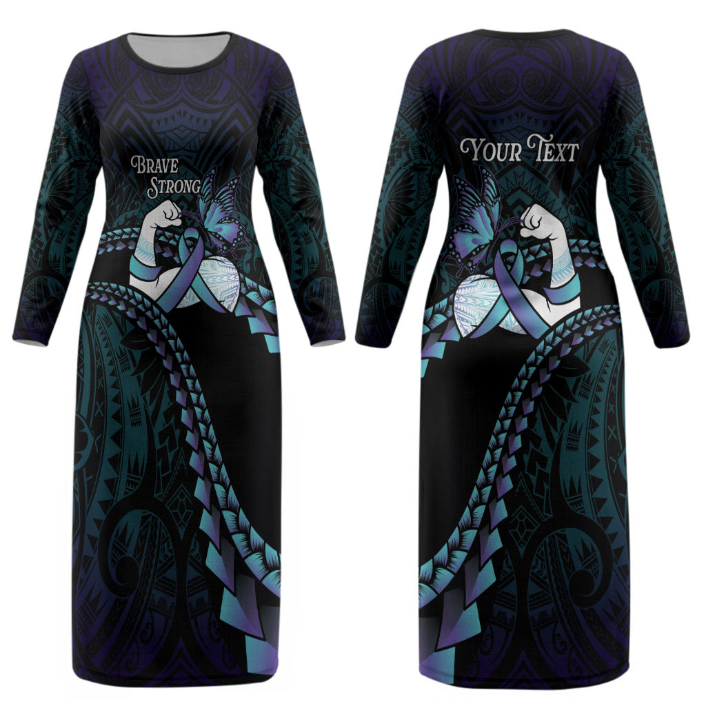 Personalised Polynesia Suicide Prevention Month Couples Matching Long Sleeve Bodycon Dress and Hawaiian Shirt Brave Strong Butterfly Teal Purple Ribbon