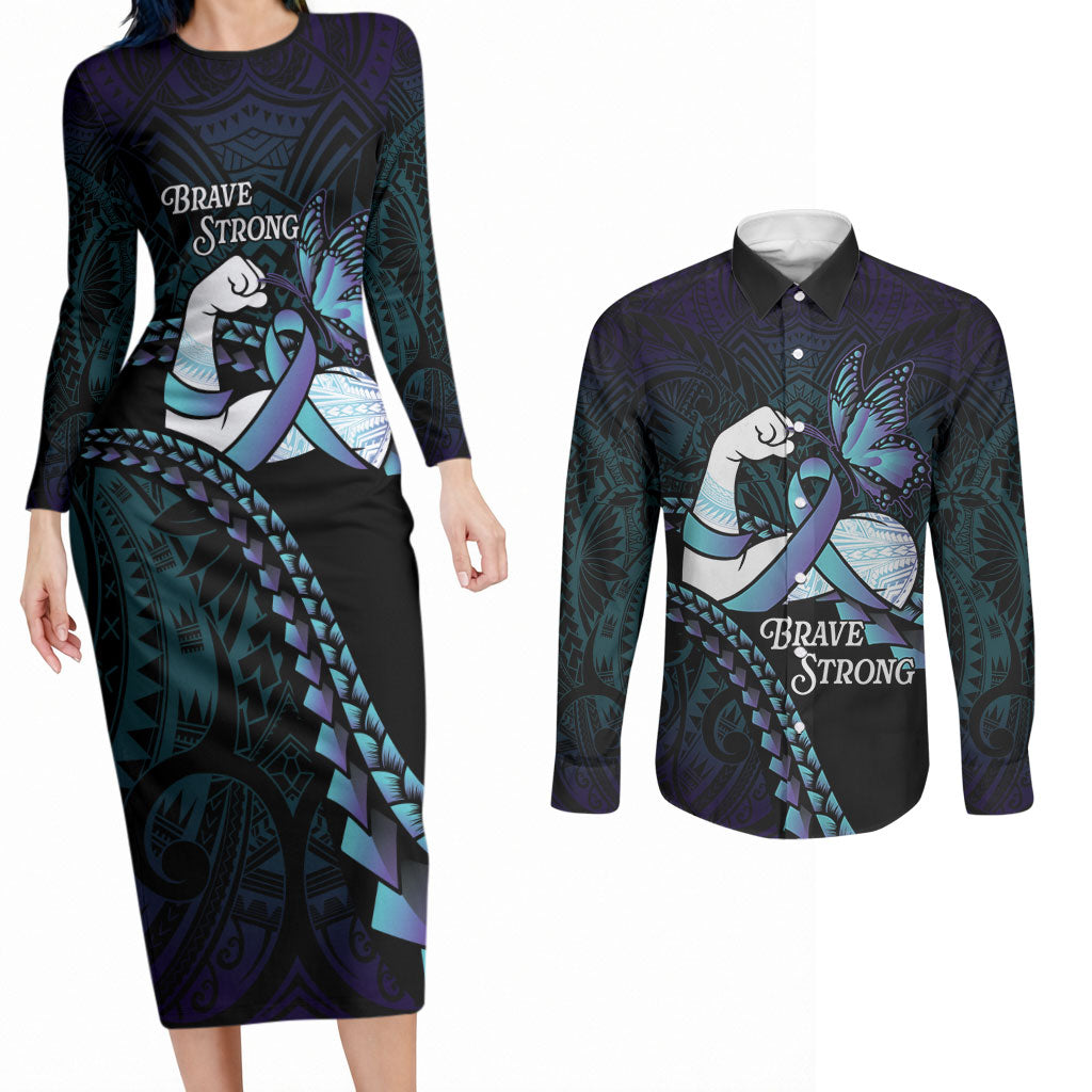 Personalised Polynesia Suicide Prevention Month Couples Matching Long Sleeve Bodycon Dress and Long Sleeve Button Shirt Brave Strong Butterfly Teal Purple Ribbon