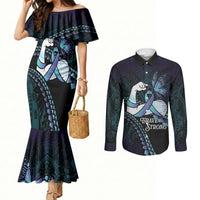Personalised Polynesia Suicide Prevention Month Couples Matching Mermaid Dress and Long Sleeve Button Shirt Brave Strong Butterfly Teal Purple Ribbon