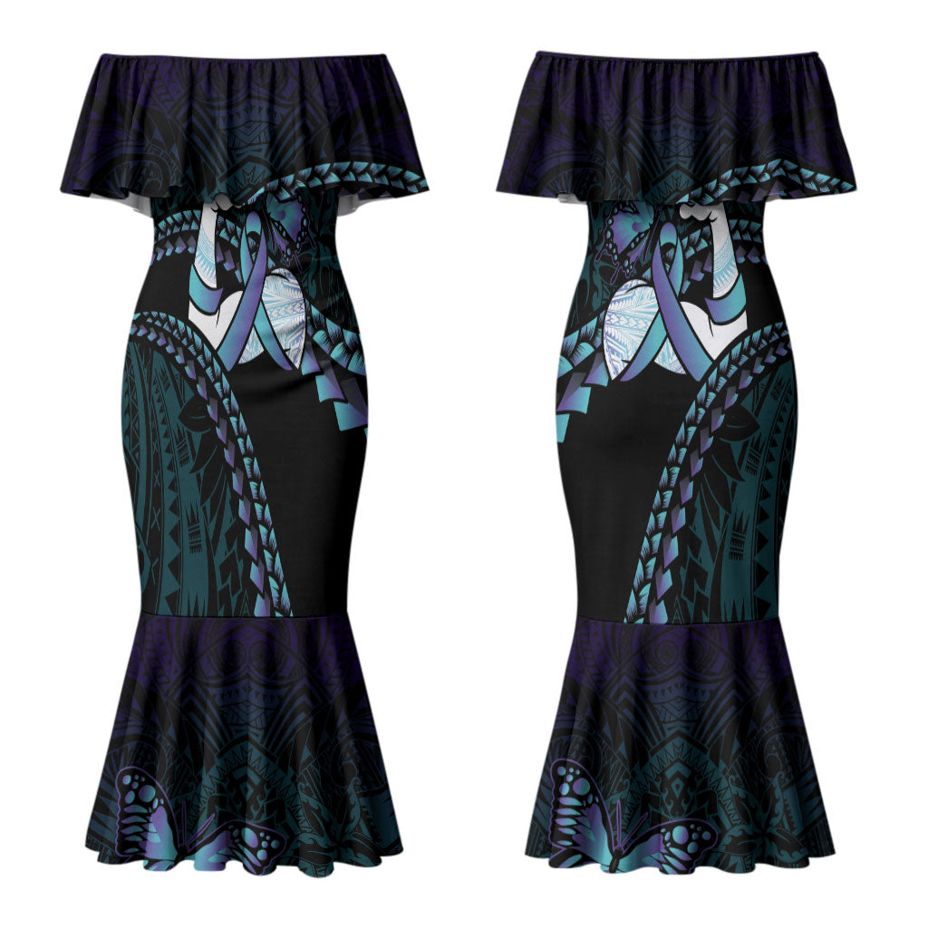 Personalised Polynesia Suicide Prevention Month Couples Matching Mermaid Dress and Long Sleeve Button Shirt Brave Strong Butterfly Teal Purple Ribbon