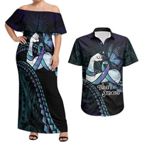 Personalised Polynesia Suicide Prevention Month Couples Matching Off Shoulder Maxi Dress and Hawaiian Shirt Brave Strong Butterfly Teal Purple Ribbon