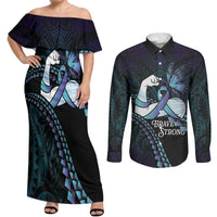 Personalised Polynesia Suicide Prevention Month Couples Matching Off Shoulder Maxi Dress and Long Sleeve Button Shirt Brave Strong Butterfly Teal Purple Ribbon