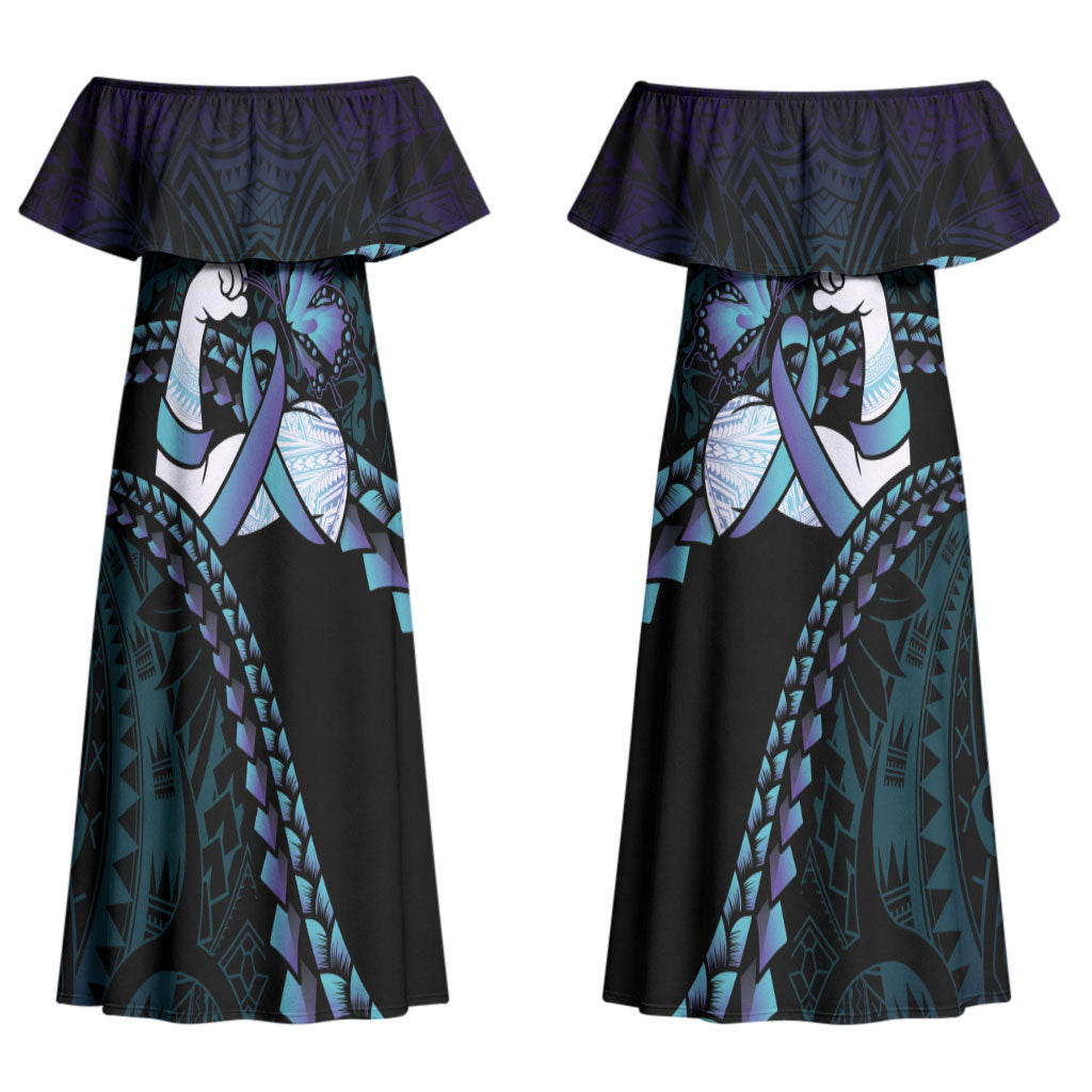 Personalised Polynesia Suicide Prevention Month Couples Matching Off Shoulder Maxi Dress and Long Sleeve Button Shirt Brave Strong Butterfly Teal Purple Ribbon