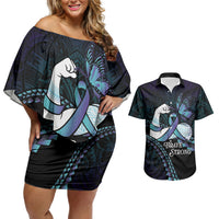 Personalised Polynesia Suicide Prevention Month Couples Matching Off Shoulder Short Dress and Hawaiian Shirt Brave Strong Butterfly Teal Purple Ribbon
