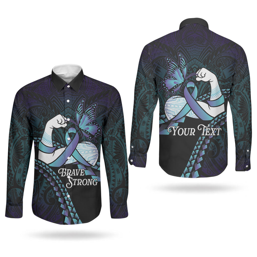 Personalised Polynesia Suicide Prevention Month Couples Matching Off Shoulder Short Dress and Long Sleeve Button Shirt Brave Strong Butterfly Teal Purple Ribbon