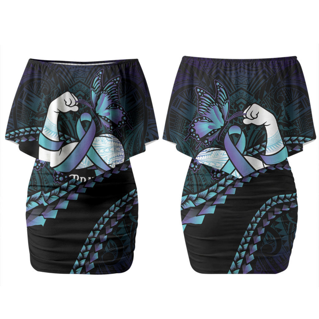 Personalised Polynesia Suicide Prevention Month Couples Matching Off Shoulder Short Dress and Long Sleeve Button Shirt Brave Strong Butterfly Teal Purple Ribbon