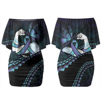 Personalised Polynesia Suicide Prevention Month Couples Matching Off Shoulder Short Dress and Long Sleeve Button Shirt Brave Strong Butterfly Teal Purple Ribbon