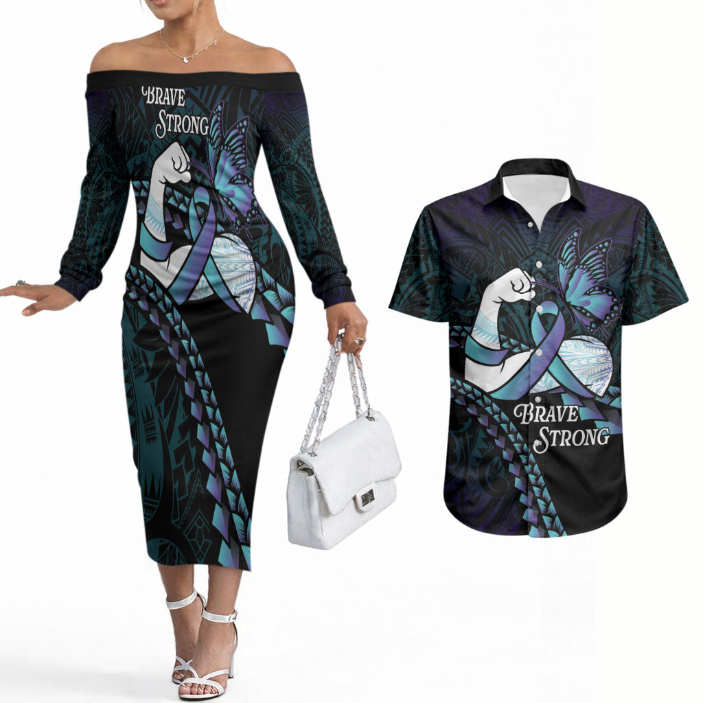 Personalised Polynesia Suicide Prevention Month Couples Matching Off The Shoulder Long Sleeve Dress and Hawaiian Shirt Brave Strong Butterfly Teal Purple Ribbon
