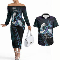 Personalised Polynesia Suicide Prevention Month Couples Matching Off The Shoulder Long Sleeve Dress and Hawaiian Shirt Brave Strong Butterfly Teal Purple Ribbon