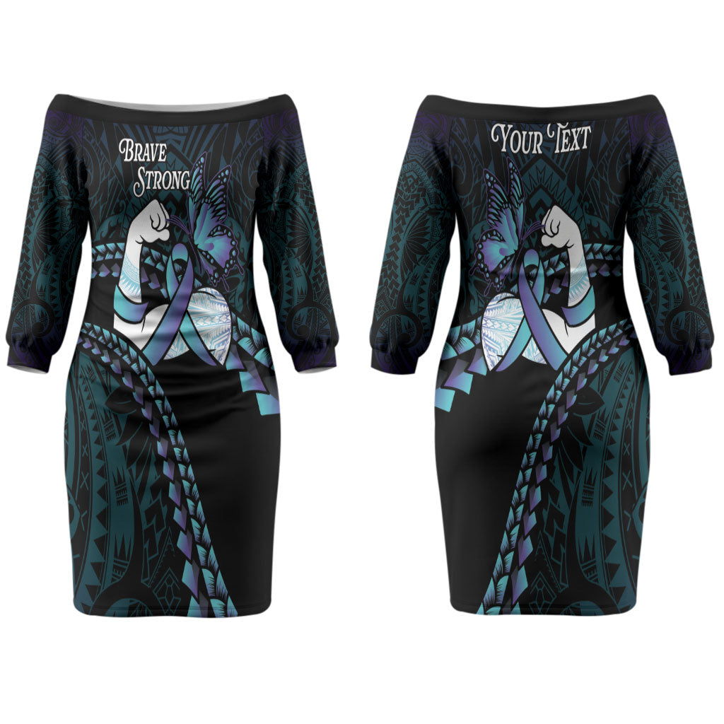 Personalised Polynesia Suicide Prevention Month Couples Matching Off The Shoulder Long Sleeve Dress and Hawaiian Shirt Brave Strong Butterfly Teal Purple Ribbon