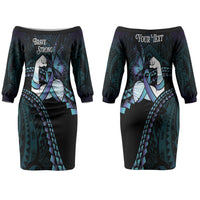 Personalised Polynesia Suicide Prevention Month Couples Matching Off The Shoulder Long Sleeve Dress and Hawaiian Shirt Brave Strong Butterfly Teal Purple Ribbon
