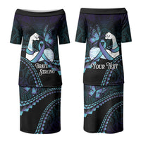 Personalised Polynesia Suicide Prevention Month Couples Matching Puletasi and Hawaiian Shirt Brave Strong Butterfly Teal Purple Ribbon