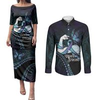 Personalised Polynesia Suicide Prevention Month Couples Matching Puletasi and Long Sleeve Button Shirt Brave Strong Butterfly Teal Purple Ribbon