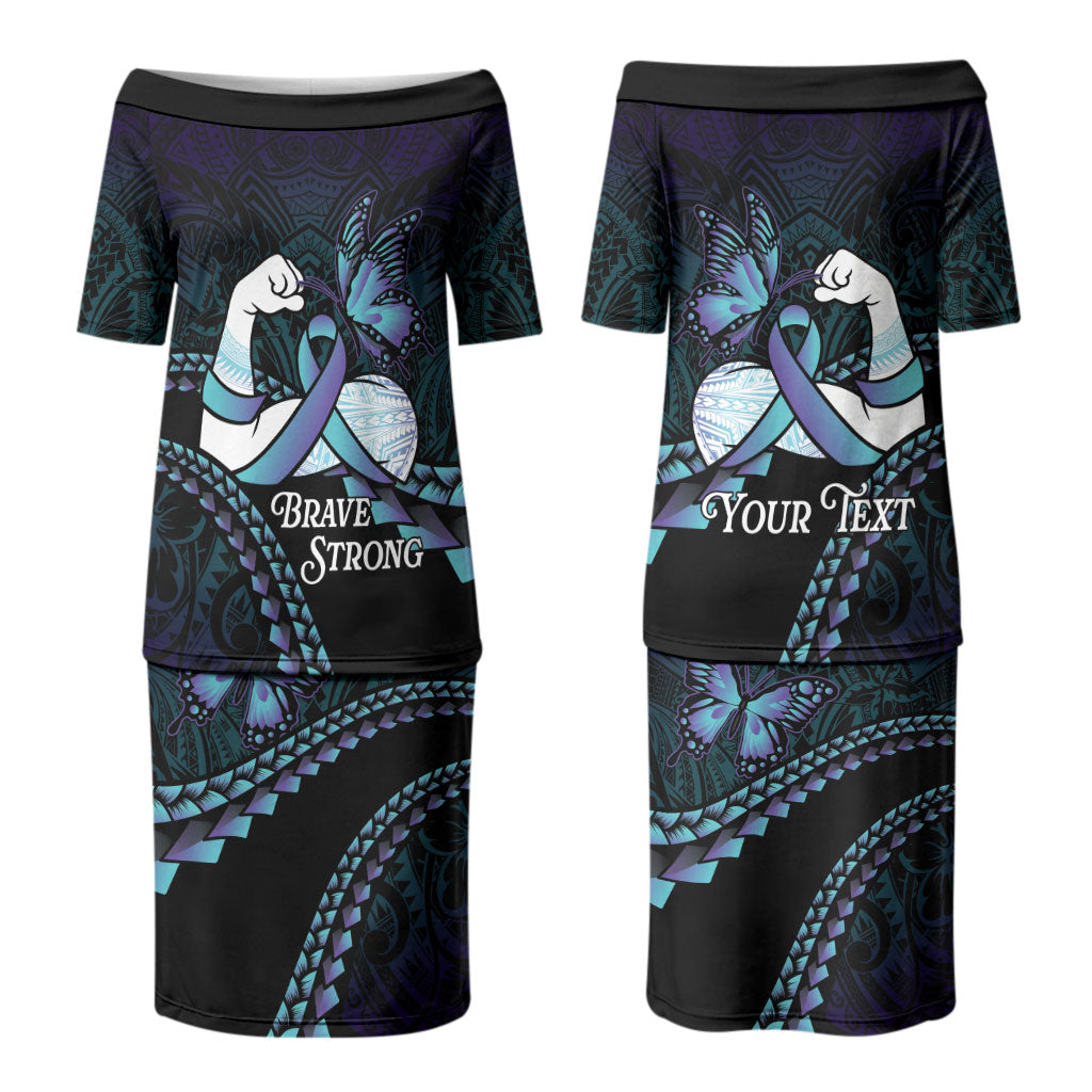 Personalised Polynesia Suicide Prevention Month Couples Matching Puletasi and Long Sleeve Button Shirt Brave Strong Butterfly Teal Purple Ribbon