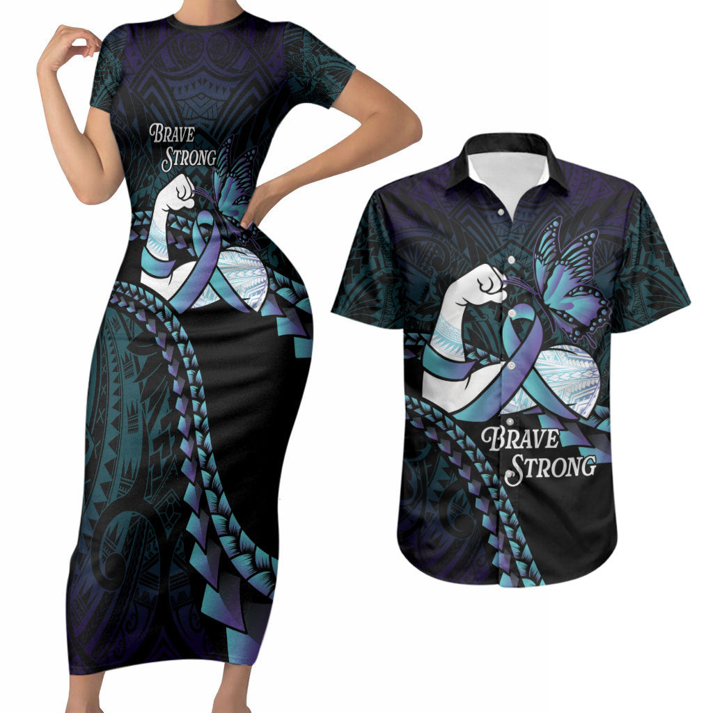 Personalised Polynesia Suicide Prevention Month Couples Matching Short Sleeve Bodycon Dress and Hawaiian Shirt Brave Strong Butterfly Teal Purple Ribbon