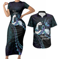 Personalised Polynesia Suicide Prevention Month Couples Matching Short Sleeve Bodycon Dress and Hawaiian Shirt Brave Strong Butterfly Teal Purple Ribbon