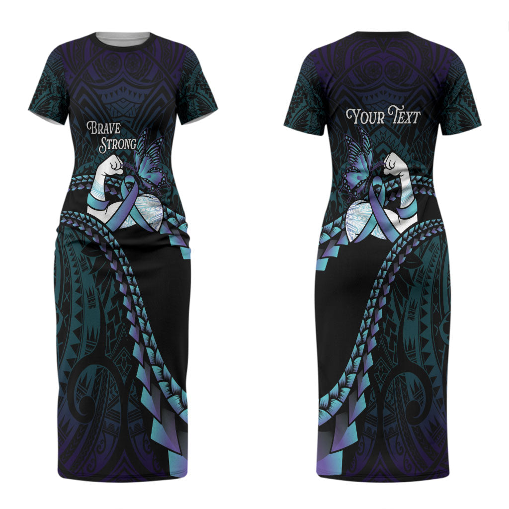Personalised Polynesia Suicide Prevention Month Couples Matching Short Sleeve Bodycon Dress and Hawaiian Shirt Brave Strong Butterfly Teal Purple Ribbon