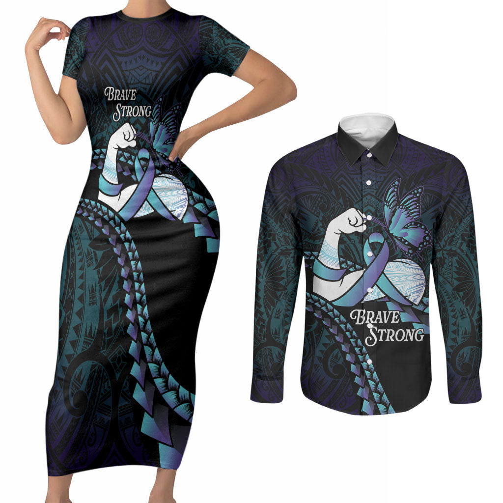 Personalised Polynesia Suicide Prevention Month Couples Matching Short Sleeve Bodycon Dress and Long Sleeve Button Shirt Brave Strong Butterfly Teal Purple Ribbon