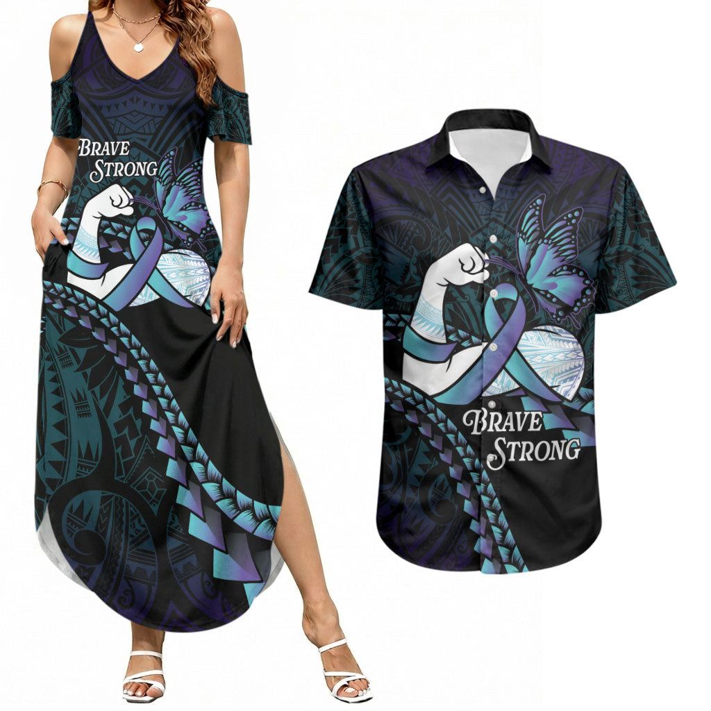 Personalised Polynesia Suicide Prevention Month Couples Matching Summer Maxi Dress and Hawaiian Shirt Brave Strong Butterfly Teal Purple Ribbon