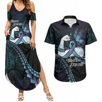 Personalised Polynesia Suicide Prevention Month Couples Matching Summer Maxi Dress and Hawaiian Shirt Brave Strong Butterfly Teal Purple Ribbon