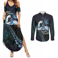 Personalised Polynesia Suicide Prevention Month Couples Matching Summer Maxi Dress and Long Sleeve Button Shirt Brave Strong Butterfly Teal Purple Ribbon