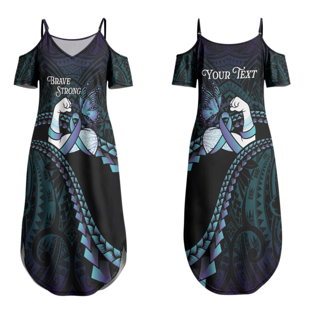 Personalised Polynesia Suicide Prevention Month Couples Matching Summer Maxi Dress and Long Sleeve Button Shirt Brave Strong Butterfly Teal Purple Ribbon