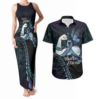 Personalised Polynesia Suicide Prevention Month Couples Matching Tank Maxi Dress and Hawaiian Shirt Brave Strong Butterfly Teal Purple Ribbon