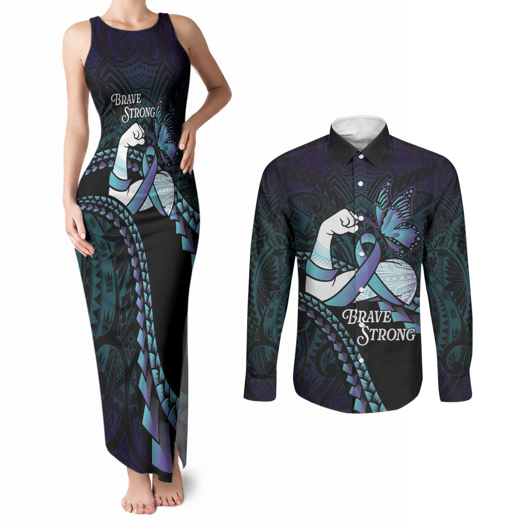 Personalised Polynesia Suicide Prevention Month Couples Matching Tank Maxi Dress and Long Sleeve Button Shirt Brave Strong Butterfly Teal Purple Ribbon