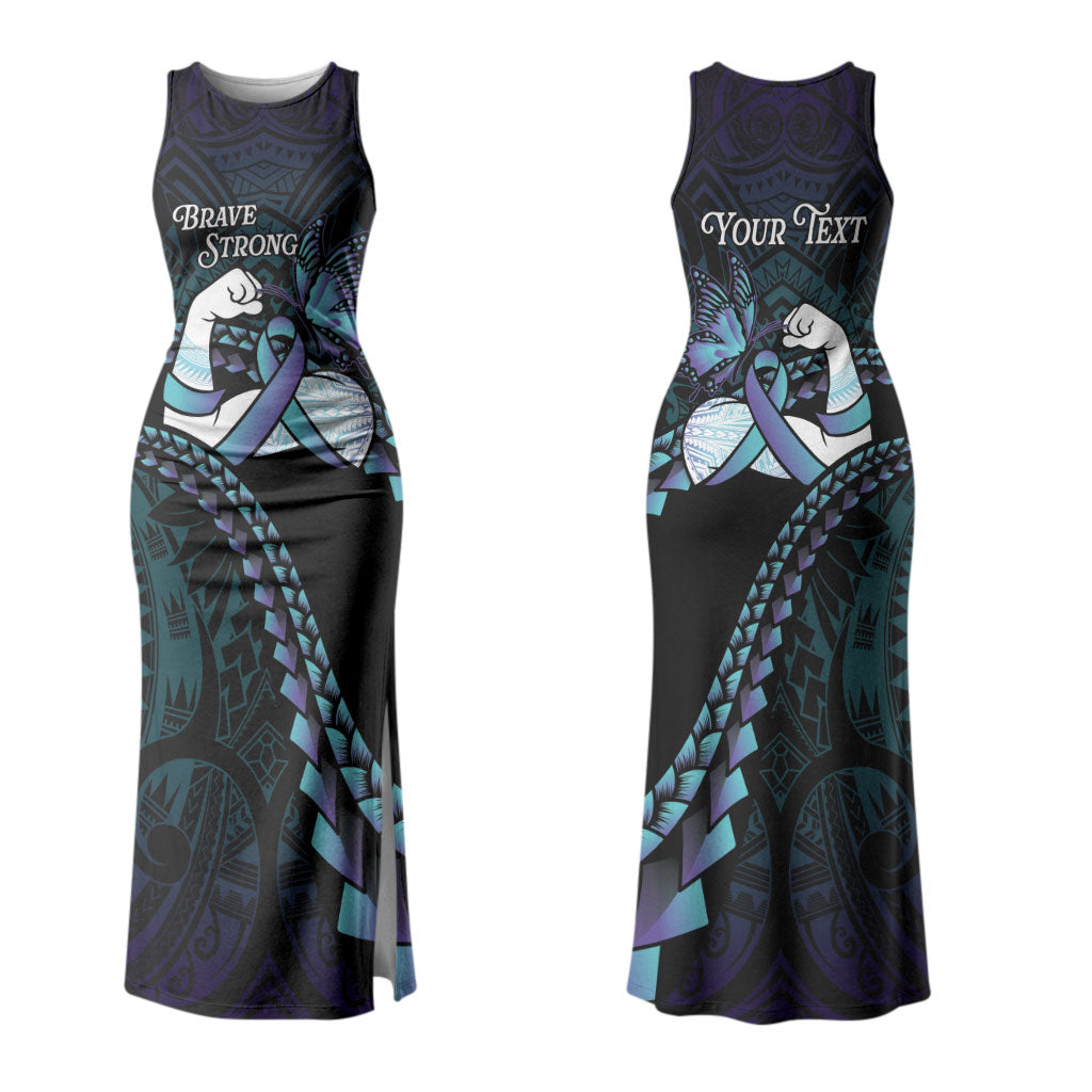 Personalised Polynesia Suicide Prevention Month Couples Matching Tank Maxi Dress and Long Sleeve Button Shirt Brave Strong Butterfly Teal Purple Ribbon