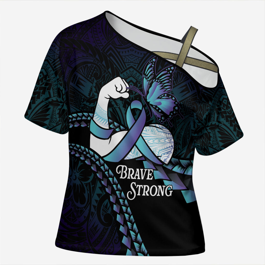 Personalised Polynesia Suicide Prevention Month Cross Shoulder Shirt Brave Strong Butterfly Teal Purple Ribbon