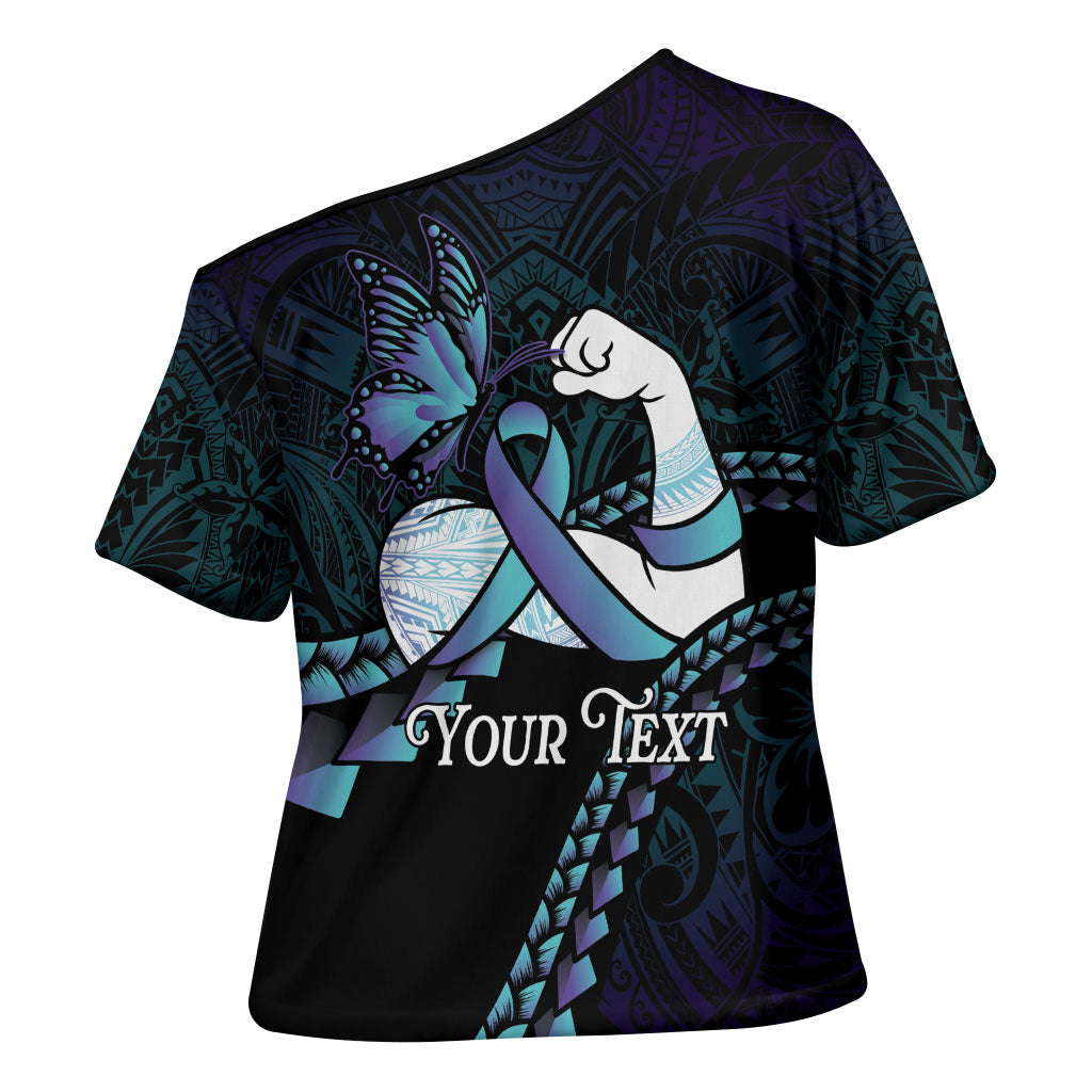 Personalised Polynesia Suicide Prevention Month Cross Shoulder Shirt Brave Strong Butterfly Teal Purple Ribbon