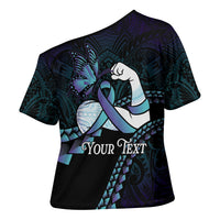 Personalised Polynesia Suicide Prevention Month Cross Shoulder Shirt Brave Strong Butterfly Teal Purple Ribbon